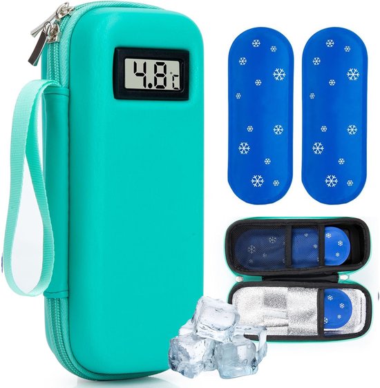 Insuline Koeltas met 2 Koelelementen - Met °C Temperatuurweergave - Diabetes Koeltas - Insulinepennen koeltas - Diabetische Reistas - Insuline Etui - Koelbox - Koeltasje Voor Op Reis - Koeltas voor Insulinespuit - Koelt Medicatie 6-8 uur lang - Groen