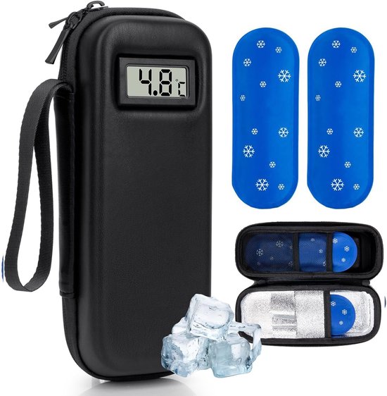 Insuline Koeltas met 2 Koelelementen - Met °C Temperatuurweergave - Diabetes Koeltas - Insulinepennen koeltas - Diabetische Reistas - Insuline Etui - Koelbox - Koeltasje Voor Op Reis - Koeltas voor Insulinespuit - Koelt Medicatie 6-8 uur lang - Zwart