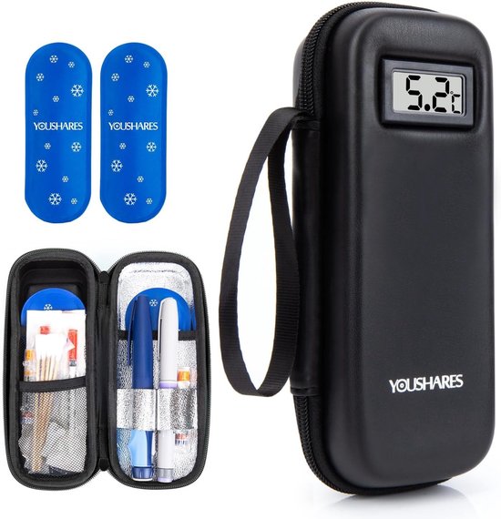 Insuline koeltas met 2 TSA gekoelde batterijen, mini medicijn koeler voor reizen, geïsoleerde tas voor diabetes, insuline en medicatie accessoires (Zwart)
