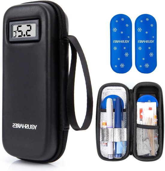 Insuline koeltas met 2 TSA gekoelde batterijen, mini medicijnkoeler voor reizen, geïsoleerde tas voor insuline, EpiPen en andere medicatie accessoires, diabetes tas (Zwart)
