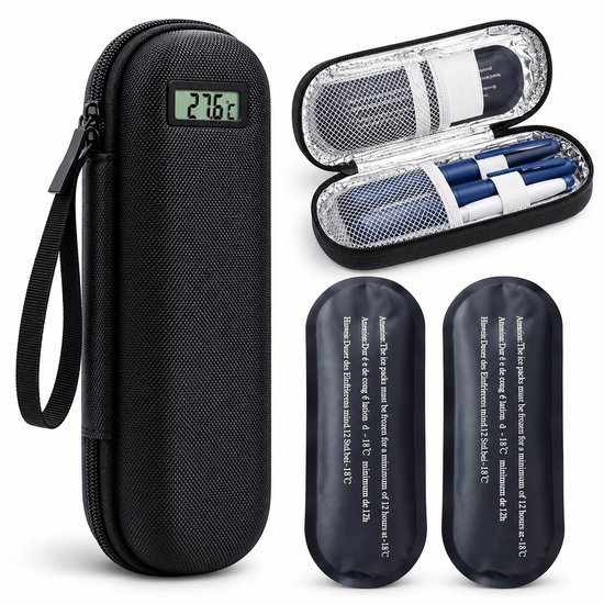 Insuline Koeltas - Met Temperatuurweergave - 2 Ice Packs - Diabetes Etui - Medicatie Koeltas - Zwart