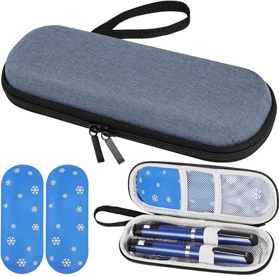 Insuline Koeltasje - 20 x 7 x 5 cm - Diabetes Reisetui met 2 Koelelementen - Schokbestendige Medicijnen Koeltas voor 2 Insulinepennen - Insuline Etui - Draagbare - Blauwgrijs