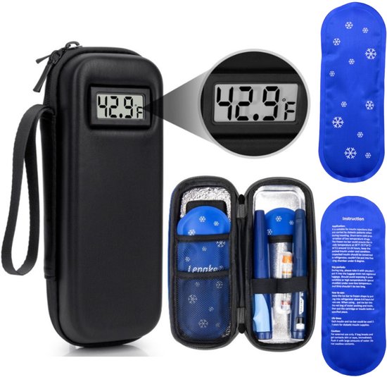 Insuline Koeltasje met Temperatuurweergave - Gekoelde Reisdoos met 2 Koelelementen - Waterdichte Diabetes Tas met EVA Harde Schaal - Isolerende Insuline Etui voor Reizen, Camping en Dagelijks Gebruik