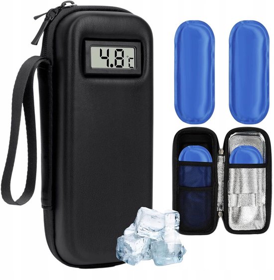 Insulinekoelbox - Insuline Koeltas - Draagbaar Insuline Etui - Digitale Temperatuur - Medicijnopberger - 2 Herbruikbare Koelelementen - Voor Diabetes - Compact - Voor Reis & Woon-werk & Korte trips - Zwart