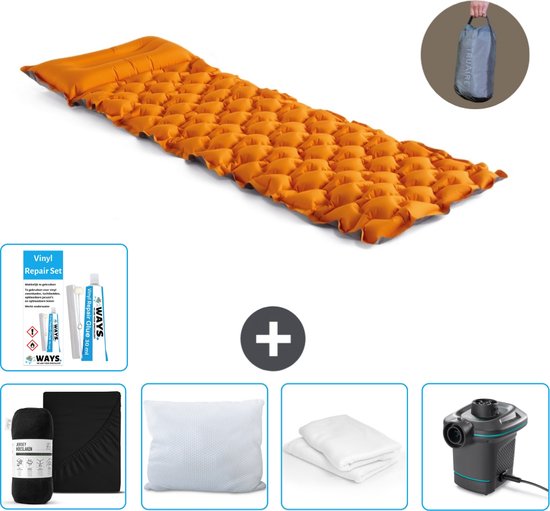 Intex Campingmat - 1-Persoons - 71 x 191 x 11 cm - Oranje - Inclusief Hoeslaken - Kussen - Pomp - Reparatieset en Kussenbeschermer van Intex