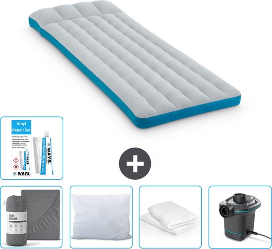 Intex Campingmat - Twijfelaar - 72 x 189 x 20 cm - Blauw - Inclusief Hoeslaken - Kussen - Pomp - Reparatieset en Kussenbeschermer van Intex