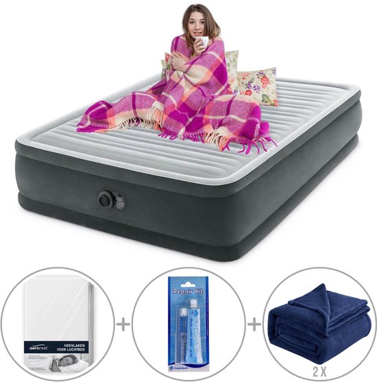 Intex Comfort Plush Elevated luchtbed met ingebouwde pomp | Tweepersoons | 203 x 152 x 46 cm | Inclusief bijpassend hoeslaken + reparatiekit + twee fleecedekens van Intex