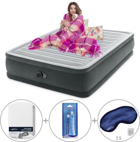 Intex Comfort Plush Elevated luchtbed met ingebouwde pomp | Tweepersoons | 203 x 152 x 46 cm | Inclusief bijpassend hoeslaken + reparatiekit + twee slaapmaskers van Intex