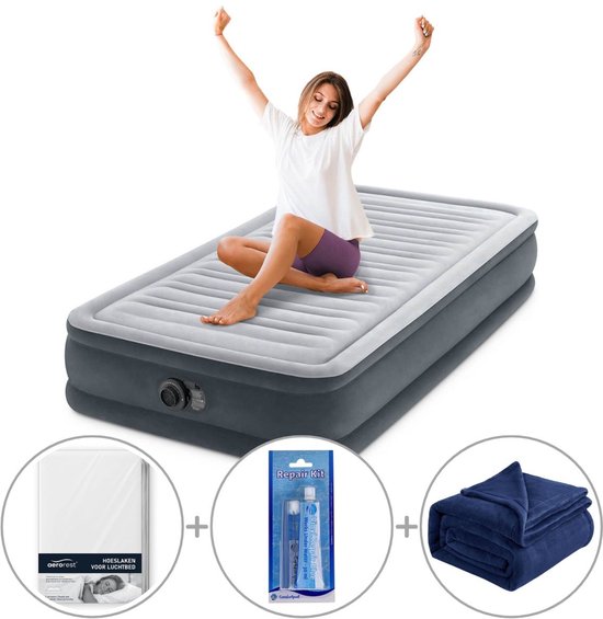 Intex Comfort Plush luchtbed met ingebouwde pomp | Eenpersoons | 191 x 99 x 33 cm | Inclusief bijpassend hoeslaken + reparatiekit + fleece deken van Intex