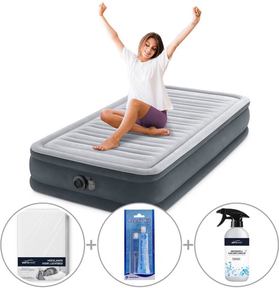 Intex Comfort Plush luchtbed met ingebouwde pomp | Eenpersoons | 191 x 99 x 33 cm | Inclusief bijpassend hoeslaken + reparatiekit + luchtbedverfrisser van Intex