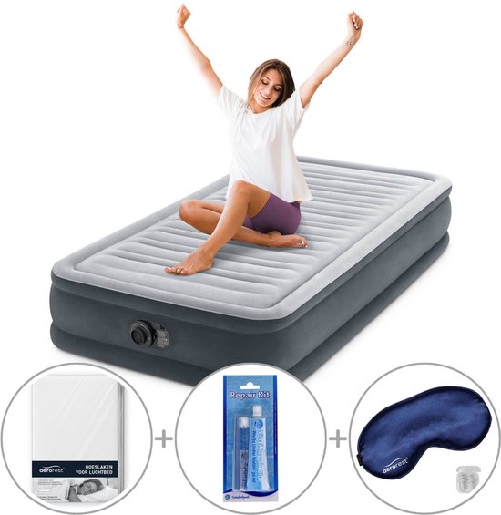 Intex Comfort Plush luchtbed met ingebouwde pomp - Eenpersoons - 191 x 99 x 33 cm - Inclusief bijpassend hoeslaken + reparatiekit + slaapmasker van Intex