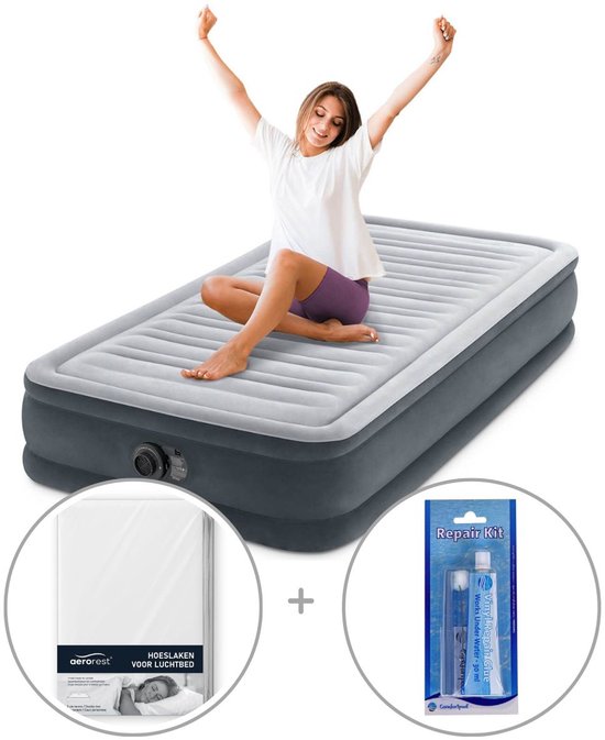 Intex Comfort Plush luchtbed met ingebouwde pomp | Eenpersoons | 191 x 99 x 33 cm | Inclusief bijpassend hoeslaken + reparatiekit van Intex