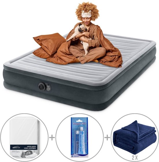 Intex Comfort Plush luchtbed met ingebouwde pomp | Tweepersoons | 203 x 152 x 33 cm | Inclusief bijpassend hoeslaken + reparatiekit + twee fleece dekens van Intex