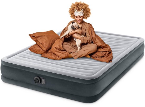 Intex Comfort Plush luchtbed met ingebouwde pomp | Tweepersoons | 203 x 152 x 33 cm | Inclusief bijpassend hoeslaken + reparatiekit + twee hoofdkussens van Intex