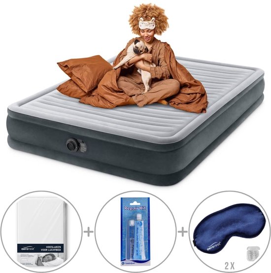Intex Comfort Plush luchtbed met ingebouwde pomp | Tweepersoons | 203 x 152 x 33 cm | Inclusief bijpassend hoeslaken + reparatiekit + twee slaapmaskers van Intex