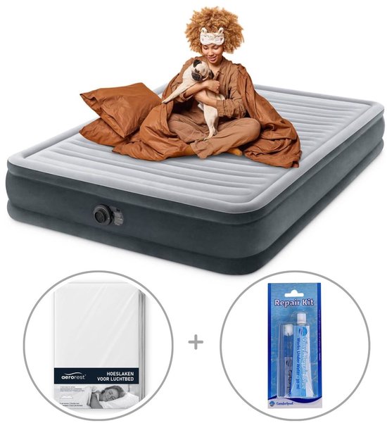 Intex Comfort Plush luchtbed met ingebouwde pomp | Tweepersoons | 203 x 152 x 33 cm | Inclusief bijpassend hoeslaken + reparatiekit