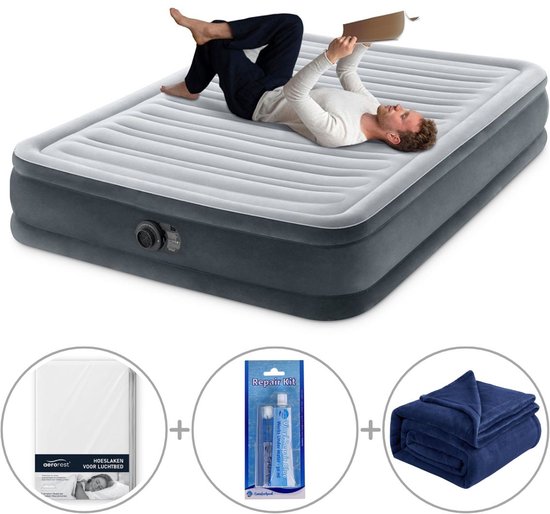 Intex Comfort Plush luchtbed | Twijfelaar | 191 x 137 x 33 cm | Inclusief bijpassend hoeslaken + reparatiekit + fleecedeken van Intex