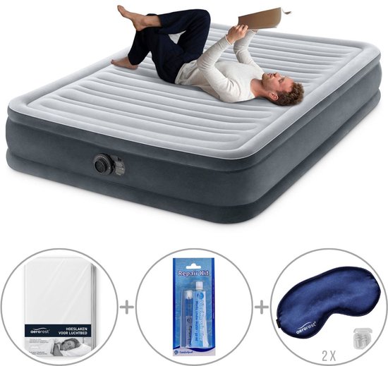 Intex Comfort Plush luchtbed | Twijfelaar | 191 x 137 x 33 cm | Inclusief bijpassend hoeslaken + reparatiekit + twee slaapmaskers van Merkloos