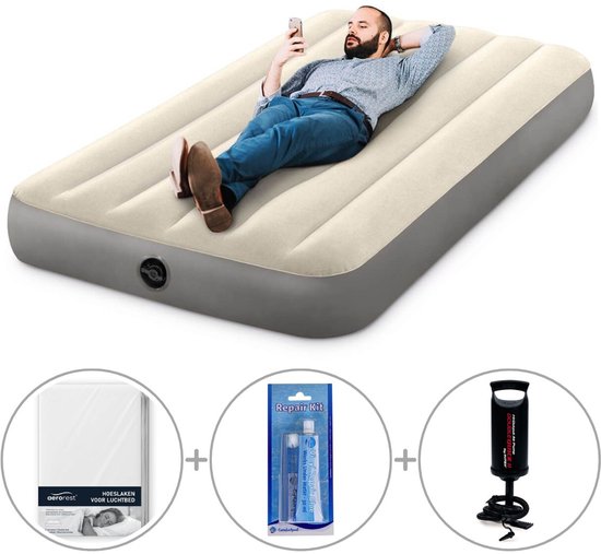 Intex Deluxe luchtbed | Eenpersoons | 191 x 99 x 25 cm | Inclusief Intex handpomp + reparatiekit + bijpassend hoeslaken van Intex