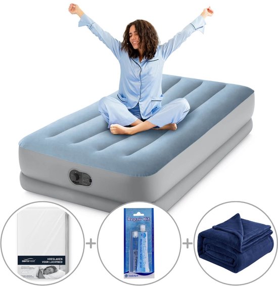 Intex Dura-Beam Comfort luchtbed | Eenpersoons | 191 x 99 x 36 cm | Inclusief bijpassend hoeslaken + reparatiekit + fleece deken van Intex