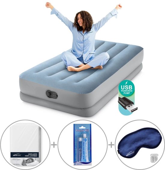 Intex Dura-Beam Comfort luchtbed | Eenpersoons | 191 x 99 x 36 cm | Inclusief bijpassend hoeslaken + reparatiekit + slaapmasker van Intex