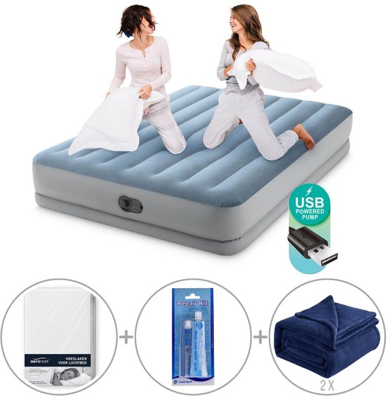Intex Dura-Beam Comfort luchtbed | Tweepersoons | 152 x 203 x 36 cm | Inclusief hoeslaken + reparatiekit + twee fleece dekens van Intex