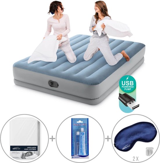 Intex Dura-Beam Comfort luchtbed | Tweepersoons | 152 x 203 x 36 cm | Inclusief hoeslaken + reparatiekit + twee slaapmaskers van Merkloos