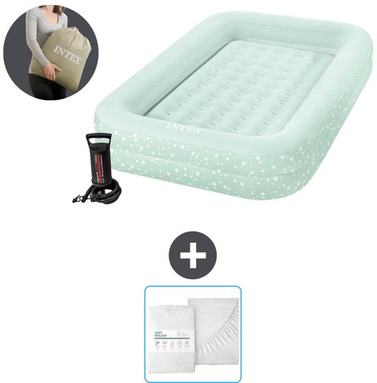 Intex Kidz luchtbed - 1-Persoons - 107 x 168 x 25 cm - Mintgroen - Inclusief pomp en Hoeslaken van Merkloos