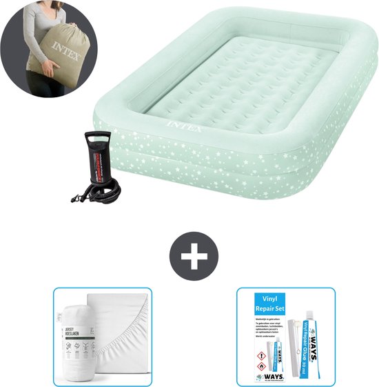 Intex Kidz luchtbed - 1-Persoons - 107 x 168 x 25 cm - Mintgroen - Inclusief pomp - Hoeslaken en Reparatieset van Intex