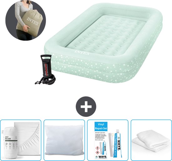 Intex Kidz luchtbed - 1-Persoons - 107 x 168 x 25 cm - Mintgroen - Inclusief pomp - Hoeslaken - Kussen - Kussenbeschermer en Reparatieset van Intex