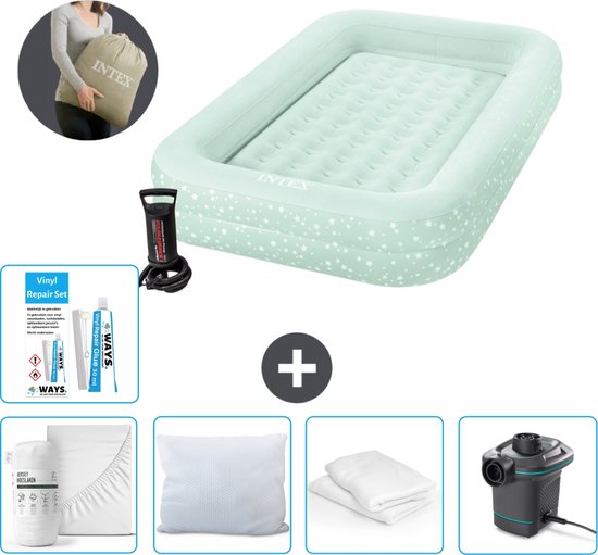 Intex Kidz luchtbed - 1-Persoons - 107 x 168 x 25 cm - Mintgroen - Inclusief pomp - Hoeslaken - Kussen - Pomp - Reparatieset en Kussenbeschermer van Intex