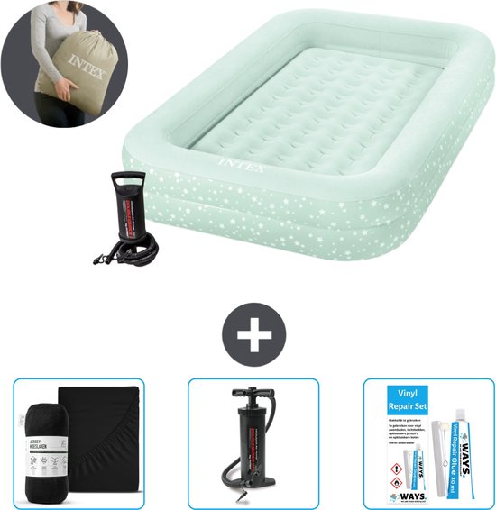 Intex Kidz luchtbed - 1-Persoons - 107 x 168 x 25 cm - Mintgroen - Inclusief pomp - Hoeslaken - Pomp en Reparatieset van Intex