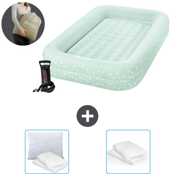 Intex Kidz luchtbed - 1-Persoons - 107 x 168 x 25 cm - Mintgroen - Inclusief pomp - Kussen en Kussenbeschermer van Merkloos