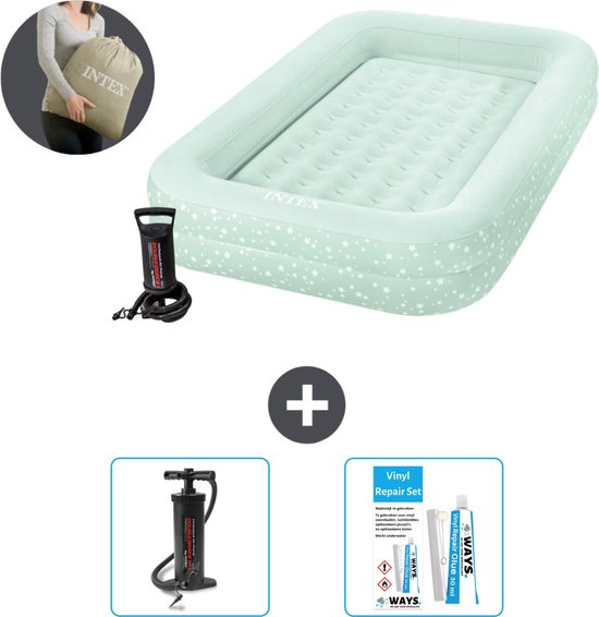 Intex Kidz luchtbed - 1-Persoons - 107 x 168 x 25 cm - Mintgroen - Inclusief pomp - Pomp en Reparatieset van Intex