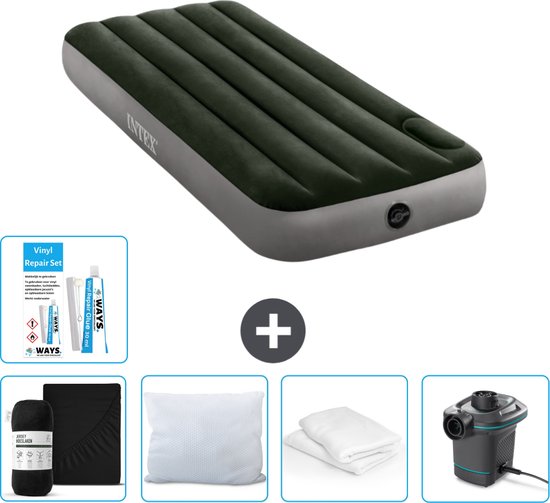 Intex Luchtbed - 1-Persoons - 76 x 191 x 25 cm - Groen - Hoeslaken - Kussen - Pomp - Reparatieset en Kussenbeschermer van Intex