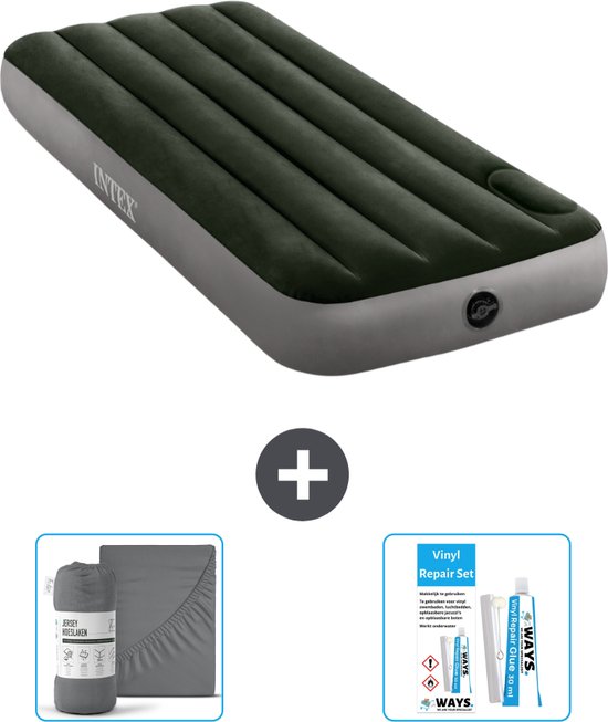 Intex Luchtbed - 1-Persoons - 76 x 191 x 25 cm - Groen - Inclusief Hoeslaken en Reparatieset van Intex
