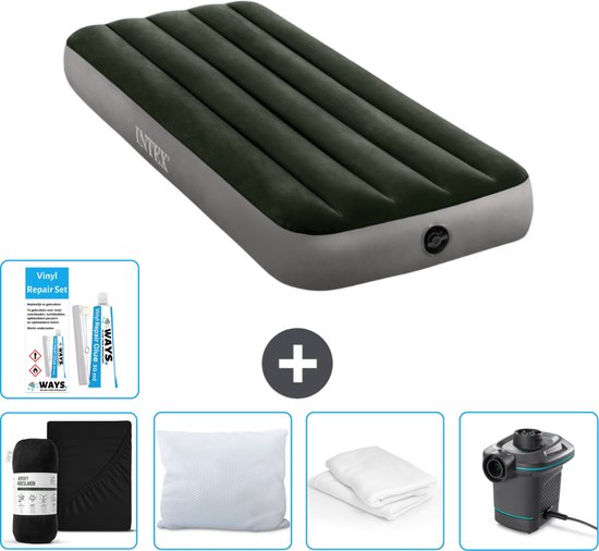 Intex Luchtbed - 1-Persoons - 76 x 191 x 25 cm - Groen - Inclusief Hoeslaken - Kussen - Pomp - Reparatieset en Kussenbeschermer van Intex