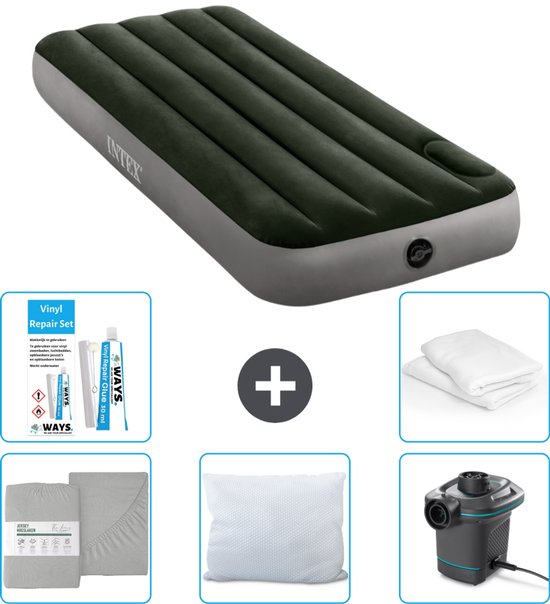 Intex Luchtbed - 1-Persoons - 76 x 191 x 25 cm - Groen - Inclusief Hoeslaken - Kussen - Pomp - Reparatieset en Kussenbeschermer van Merkloos