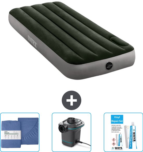 Intex Luchtbed - 1-Persoons - 76 x 191 x 25 cm - Groen - Inclusief Hoeslaken - Pomp en Reparatieset van Intex