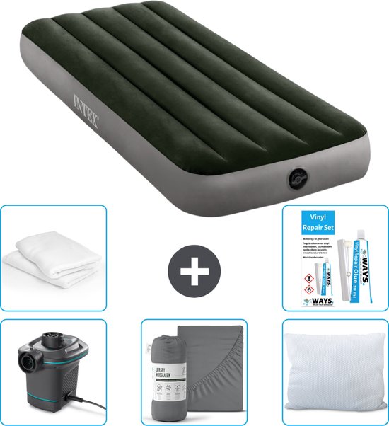 Intex Luchtbed - 1-Persoons - 76 x 191 x 25 cm - Groen - Inclusief Pomp - Hoeslaken - Kussen - Kussenbeschermer en Reparatieset van Intex