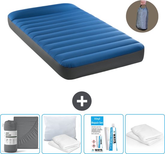 Intex Luchtbed - 1-Persoons - 99 x 191 x 22 cm - Blauw - Inclusief pomp - Hoeslaken - Kussen - Reparatieset en Kussenbeschermer van Intex