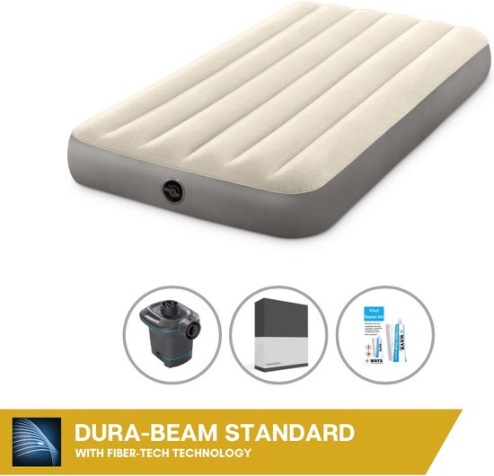 Intex Luchtbed - 1-Persoons - 99 x 191 x 25 cm - Beige - Inclusief Pomp - Hoeslaken en Reparatieset van Merkloos