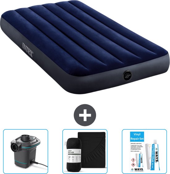 Intex Luchtbed - 1-Persoons - 99 x 191 x 25 cm - Blauw - Inclusief Pomp - Hoeslaken en Reparatieset van Intex
