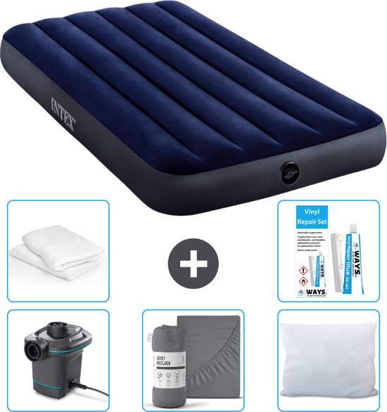 Intex Luchtbed - 1-Persoons - 99 x 191 x 25 cm - Blauw - Inclusief Pomp - Hoeslaken - Kussen - Kussenbeschermer en Reparatieset van Intex