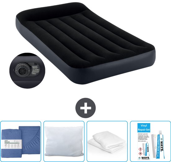 Intex Luchtbed - 1-Persoons - 99 x 191 x 25 cm - Blauw - Inclusief pomp - Hoeslaken - Kussen - Reparatieset en Kussenbeschermer van Merkloos