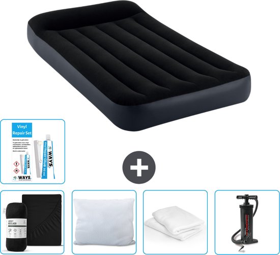 Intex Luchtbed - 1-Persoons - 99 x 191 x 25 cm - Donkerblauw - Inclusief Hoeslaken - Kussen - Pomp - Reparatieset en Kussenbeschermer van Intex