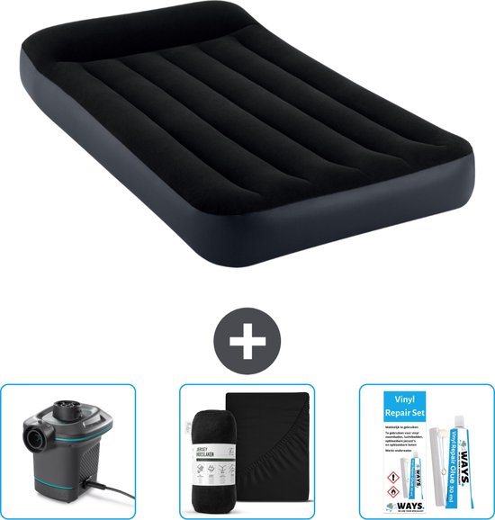 Intex Luchtbed - 1-Persoons - 99 x 191 x 25 cm - Donkerblauw - Inclusief Pomp - Hoeslaken en Reparatieset van Intex