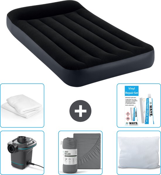 Intex Luchtbed - 1-Persoons - 99 x 191 x 25 cm - Donkerblauw - Inclusief Pomp - Hoeslaken - Kussen - Kussenbeschermer en Reparatieset van Intex