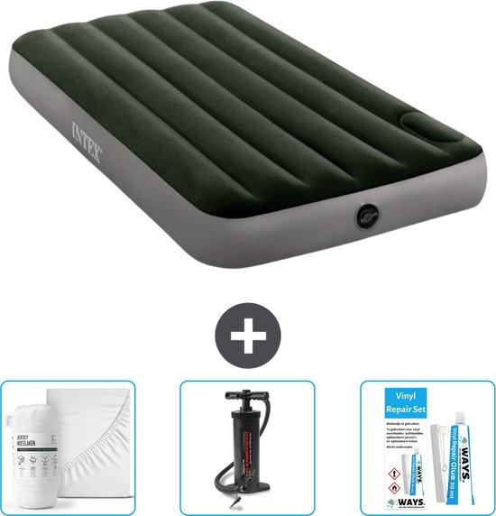 Intex Luchtbed - 1-Persoons - 99 x 191 x 25 cm - Groen - Hoeslaken - Pomp en Reparatieset van Intex