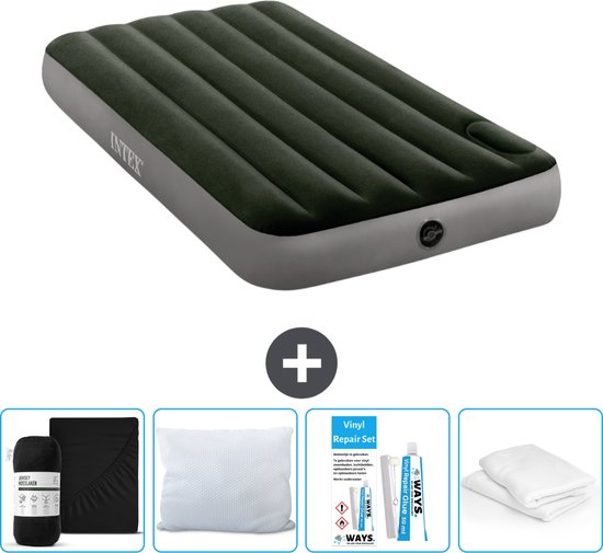 Intex Luchtbed - 1-Persoons - 99 x 191 x 25 cm - Groen - Inclusief Hoeslaken - Kussen - Kussenbeschermer en Reparatieset van Intex